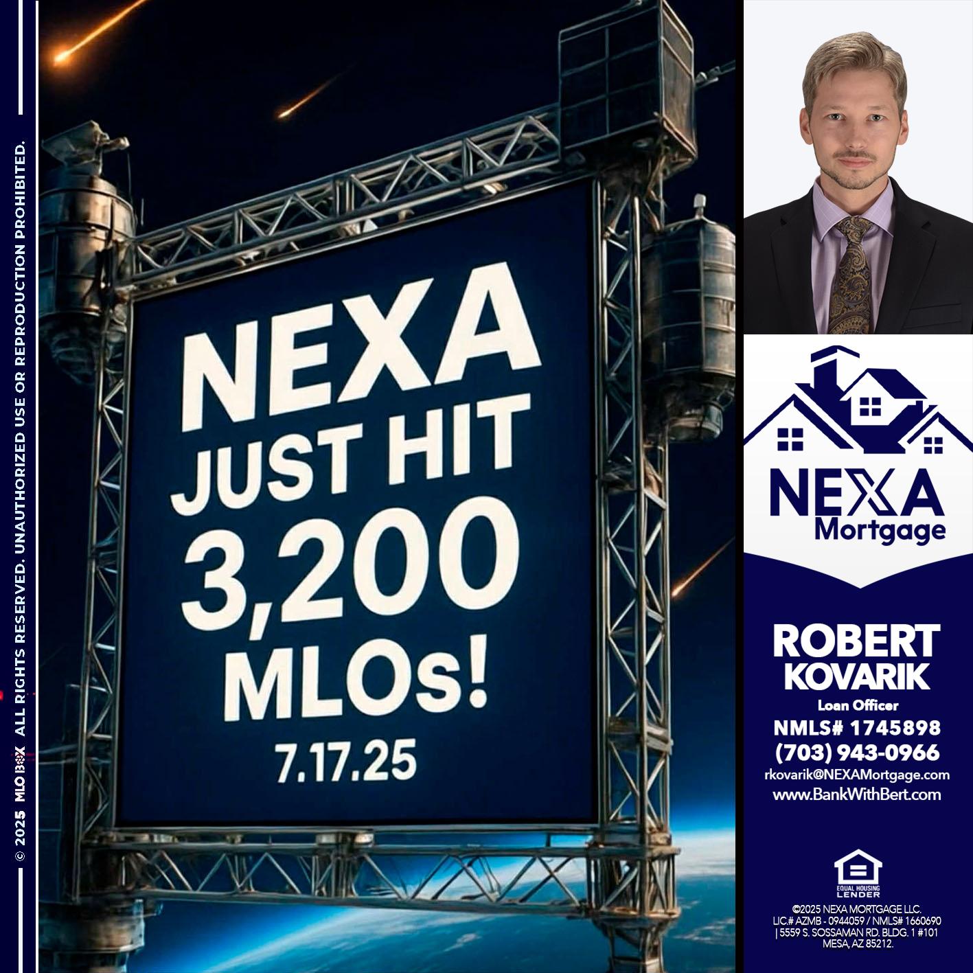 NEXA JUST HIT 3,200 - Robert Kovarik -Mortgage Loan Originator